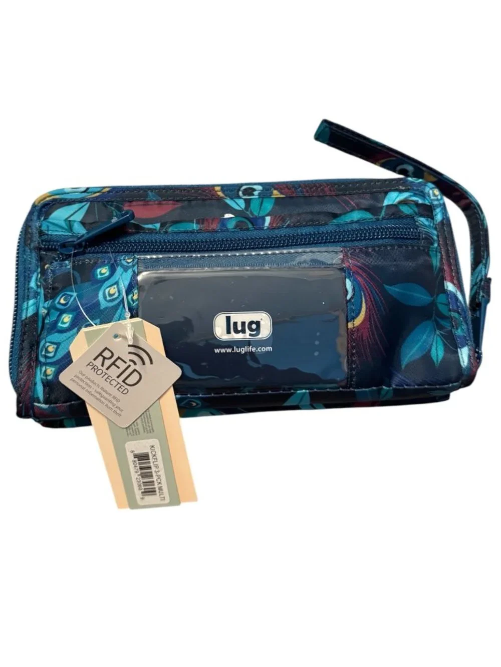 Lug Kickflip 3 RFID Wallet Wristlet Peacock Print NWT